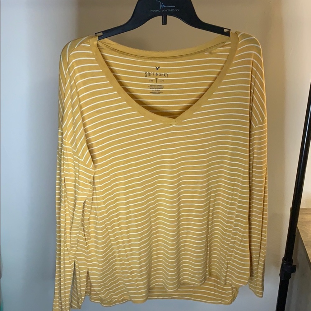 American eagle mustard & white striped long sleeve